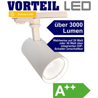 3 Phasen LED Strahler 20-30W für Stromschienen (A++) weiß, 3000 Lumen