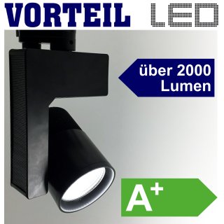 3 Phasen LED Strahler 20W für Stromschienen (A+) schwarz, 2000 Lumen